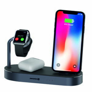 SWISSTEN, 4v1 bezdrátová nabíječka, pro telefon, Apple Watch a Airpods, černá, 12V, 45W, Qi, MFi
