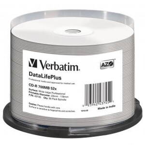 Verbatim CD-R, 43745, DataLife PLUS, 50-pack, 700MB, 52X, Professional, 80min., 12cm, Wide Inkjet Professional, Printable, cake bo