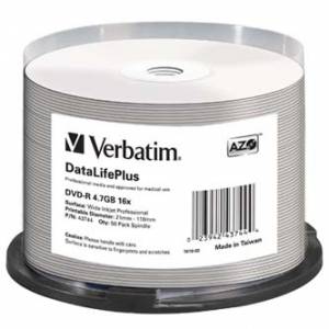 Verbatim DVD-R, 43744, DataLife PLUS, 50-pack, 4.7GB, 16X, 12cm, General, Wide Printable Surface Non-ID, cake box, Printable, pro