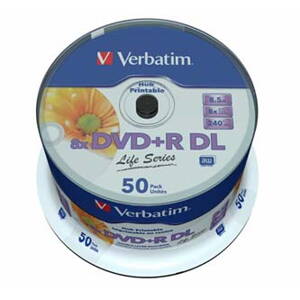 Verbatim DVD+R, 97693, DataLife PLUS, 50-pack, 8.5GB, 8x, 12cm, General, Double Layer, cake box, Wide Printable Surface Inverse St