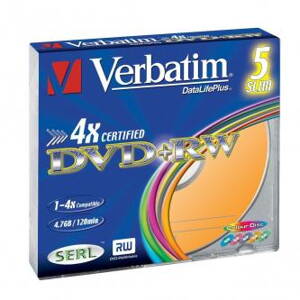 Verbatim DVD+RW, 43297, DataLife PLUS, 5-pack, 4.7GB, 4x, 12cm, General, Standard, slim box, Colour, bez možnosti potisku, pro arc
