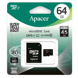 Apacer paměťová karta Secure Digital, 64GB, micro SDXC, AP64GMCSX10U1-R, UHS-I U1 (Class 10), s adaptérem
