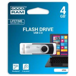 Goodram USB flash disk, USB 2.0, 4GB, UTS2, černý, UTS2-0040K0R11, USB A, s otočnou krytkou