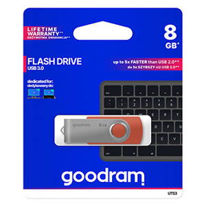 Goodram USB flash disk, USB 3.0 (3.2 Gen 1), 8GB, UTS3, červený, UTS3-0080R0R11, USB A, s otočnou krytkou