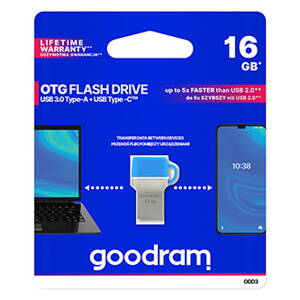 Goodram USB flash disk OTG, USB 3.0 (3.2 Gen 1), 16GB, ODD3, modrý, ODD3-0160B0R11, USB A / USB C, s krytkou