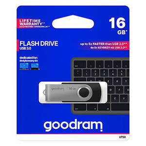 Goodram USB flash disk, USB 3.0 (3.2 Gen 1), 16GB, UTS3, černý, UTS3-0160K0R11, USB A, s otočnou krytkou