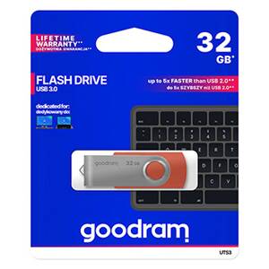 Goodram USB flash disk, USB 3.0 (3.2 Gen 1), 32GB, UTS3, červený, UTS3-0320R0R11, USB A, s otočnou krytkou