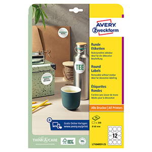 Avery Zweckform etikety 60mm, A4, bílé, 12 etiket, snímatelné, baleno po 25 ks, L7104REV-25, pro laserové a inkoustové tiskárny, k