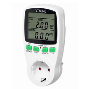 Dvoutarifní elektroměr spotřeby, Schuko 230V, 5Hz, MAX.3680W, bílá, Virone, LCD displej, 2 tarify měření, 4 druhy měn