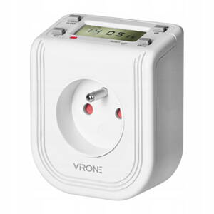 Zásuvka s elektronickým časovačem 230V, 50Hz, 3680W, bílá, Virone, IP20, Horní LCD displej, 16 časových programů, baterie
