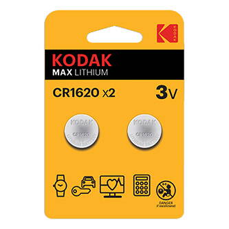 Baterie jednorázová lithiová, knoflíková, CR1620, 3V, Kodak, blistr, 2-pack, KOD-1620BL2, knoflíková
