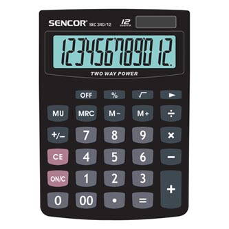 Sencor Kalkulačka SEC 340/12, černá, stolní, dvanáctimístná, duální napájení