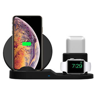 3v1 bezdrátová nabíječka, pro telefon, Apple Watch a Airpods, černá, 5/9V, 15W, Qi
