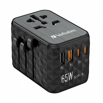 Verbatim, Cestovní adaptér univerzální World-to-World UTA-05 2x USB-C PD, QC 4+ a 2x USB-A, černá, 65 W