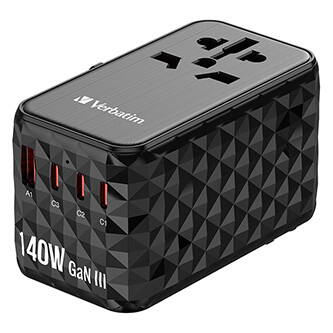 Verbatim, Cestovní adaptér univerzální UTA-10 GaN III 2x USB-C PD a QC 4+, 1x USB-C PD 3.0, 1x USB-A QC, černý, 140 W