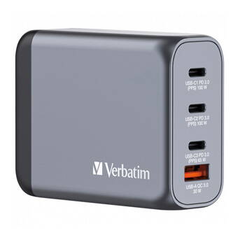 Verbatim, GaN cestovní nabíječka do sítě USB 3.0, USB C, šedá, 100 W, vyměnitelné vidlice C,G,A