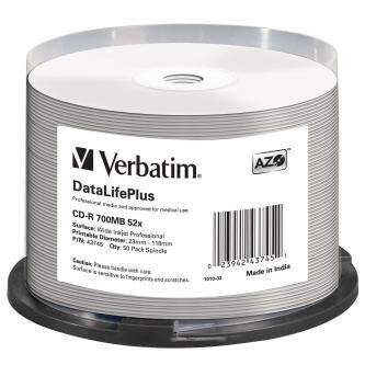 Verbatim CD-R, 43745, DataLife PLUS, 50-pack, 700MB, 52X, Professional, 80min., 12cm, Wide Inkjet Professional, Printable, cake bo