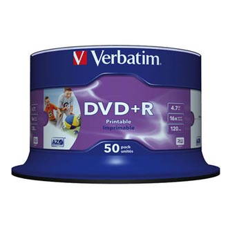 Verbatim DVD+R, 43512, DataLife PLUS, 50-pack, 4.7GB, 16x, 12cm, Professional, Advanced Azo+, cake box, Wide Printable-No ID Brand