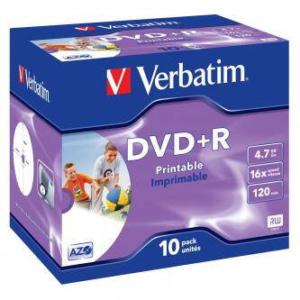 Verbatim DVD+R, 43508, DataLife PLUS, 10-pack, 4.7GB, 16x, 12cm, General, Advanced Azo+, jewel box, Wide Printable, pro archivaci