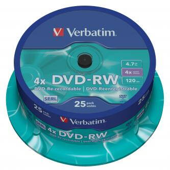 Verbatim DVD-RW, 43639, DataLife PLUS, 25-pack, 4.7GB, 4x, 12cm, General, Serl, cake box, Scratch Resistant, bez možnosti potisku,