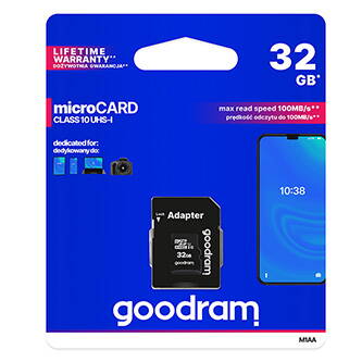 Goodram Micro Secure Digital Card, 32GB, micro SDHC, M1AA-0320R12, UHS-I U1 (Class 10), s adaptérem