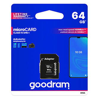 Goodram Micro Secure Digital Card, 64GB, micro SDXC, M1AA-0640R12, UHS-I U1 (Class 10), s adaptérem