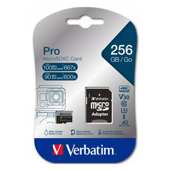 Verbatim paměťová karta MicroSD, 256GB, micro SDXC, 47045, UHS 3 (U3), s adaptérem
