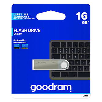 Goodram USB flash disk, USB 2.0, 16GB, UUN2, stříbrný, UUN2-0160S0R11, USB A, s poutkem