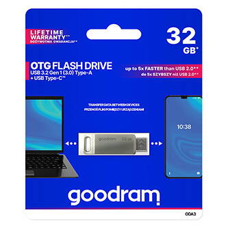 Goodram USB flash disk, USB 3.0, 32GB, ODA3, stříbrný, ODA3-0320S0R11, USB A / USB C, s otočnou krytkou