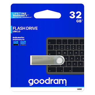 Goodram USB flash disk, USB 2.0, 32GB, UUN2, stříbrný, UUN2-0320S0R11, USB A, s poutkem