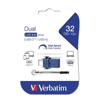 Verbatim USB flash disk OTG, 3.0/3.0 Typ C, 32GB, modrý, 49966, šňůrkou přivázaný uzávěr USB 3.0/USB 3.0 Micro Typ C