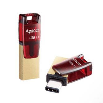 Apacer USB flash disk OTG, USB 3.0 (3.2 Gen 1), 64GB, AH180, červený, AP64GAH180R-1, USB A / USB C, s otočnou krytkou