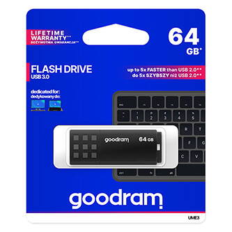 Goodram USB flash disk, USB 3.0, 64GB, UME3, černý, UME3-0640K0R11, USB A, s krytkou