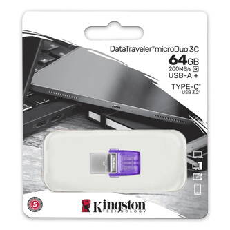 Kingston USB flash disk OTG, USB 3.0 (3.2 Gen 1), 64GB, Data Traveler microDuo3 G2, stříbrno-fialový, DTDUO3CG3/64GB, USB A / USB