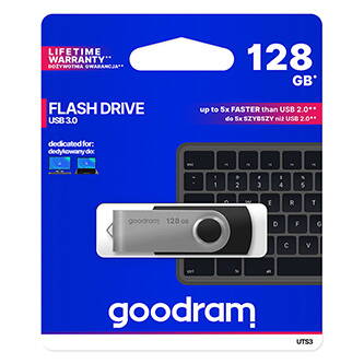 Goodram USB flash disk, USB 3.0 (3.2 Gen 1), 128GB, UTS3, černý, UTS3-1280K0R11, USB A, s otočnou krytkou