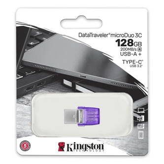 Kingston USB flash disk OTG, USB 3.0 (3.2 Gen 1), 128GB, Data Traveler microDuo3 G2, stříbrno-fialový, DTDUO3CG3/128GB, USB A / US