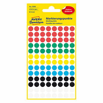 Avery Zweckform etikety 8mm, barevné, 104 etiket, značkovací, snímatelné, baleno po 4 ks, 3090, pro ruční popis