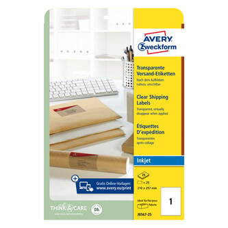 Avery Zweckform etikety 210mm x 297mm, A4, průhledné, transparentní, 1 etiketa, baleno po 25 ks, J8567-25, pro inkoustové tiskárny