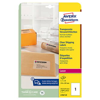 Avery Zweckform etikety 210mm x 297mm, A4, průhledné, transparentní, 1 etiketa, baleno po 25 ks, L7567-25, pro laserové tiskárny