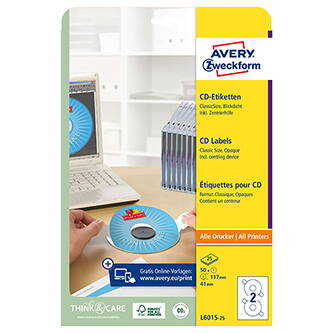 Avery Zweckform etikety na CD 117/41mm, A4, matné, bílé, 2 etikety, baleno po 25 ks, pro inkoustové a laserové tiskárny