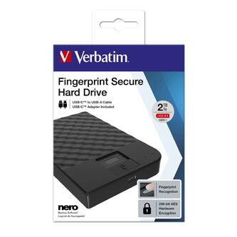 Verbatim externí pevný disk, Fingerprint Secure HDD, 2.5", USB 3.0 (3.2 Gen1), 2TB, 53651, černý, 256-bit AES