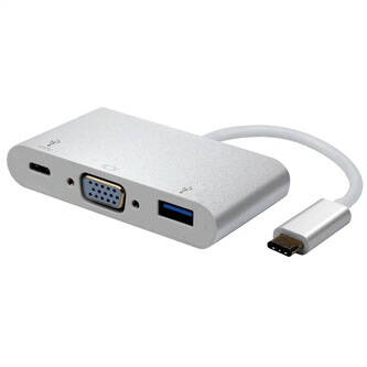 USB (3.1) Adaptér, USB C (3.1) M-VGA F + USB A (3.0) F + USB C (3.1) F, 0, stříbrný, plastic bag, 1920x1200@60Hz, USB PD