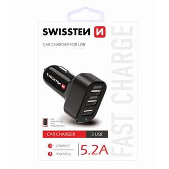 SWISSTEN, USB auto nabíječka, 3x USB port, 12V, 5V, 5200mA, nabíjení mobilních telefonů a GPS, černá