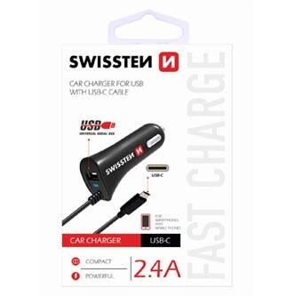 SWISSTEN, USB C- auto nabíječka, 1x konektor (USB C)+ USB port 12V, 5V, 2400mA, nabíjení mobilních telefonů a GPS, černá