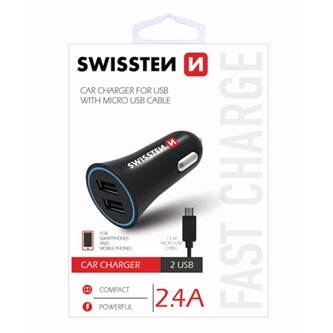 SWISSTEN, micro USB auto nabíječka, + USB kabel (A male-micro) 12V, 5V, 2400mA, nabíjení mobilních telefonů a GPS, černá, odnímate