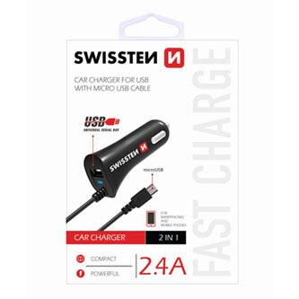 SWISSTEN, micro USB auto nabíječka, 1x konektor + USB port 12V, 5V, 2400mA, nabíjení mobilních telefonů a GPS, černá