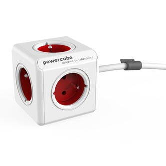 Síťový kabel 230V prodlužovací, CEE7 (vidlice)-POWERCUBE, 3m, EXTENDED, červený, POWERCUBE, 5 zásuvek, dětské pojistky, montážní d