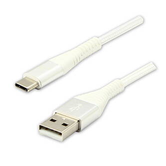 Kabel USB (2.0), USB A M- USB C M, 1m, 480 Mb/s, 5V/3A, bílý, Logo, box, nylonové opletení, hliníkový kryt konektoru