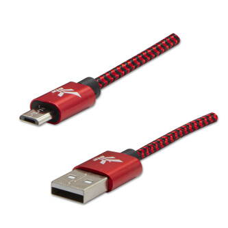 Kabel USB (2.0), USB A M- USB micro B M, 1m, 480 Mb/s, 5V/2A, červený, Logo, box, nylonové opletení, hliníkový kryt konektoru