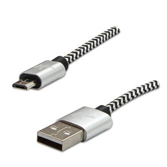Kabel USB (2.0), USB A M- USB micro B M, 1m, 480 Mb/s, 5V/2A, stříbrný, Logo, box, nylonové opletení, hliníkový kryt konektoru